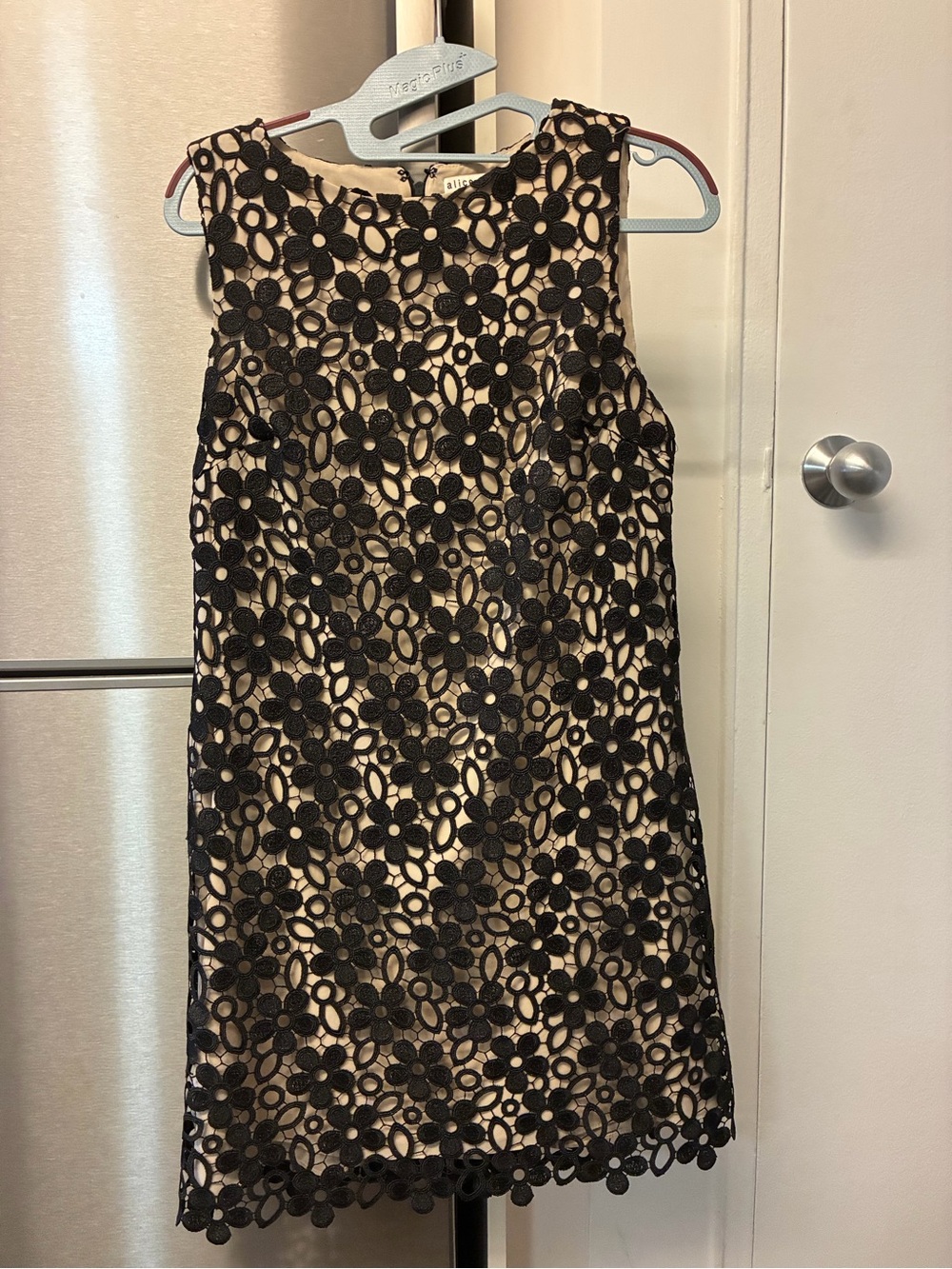 Alice + Olivia Black Floral Lace Overlay Mini Dress with Nude Underlay